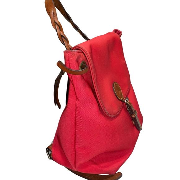 Dooney & Bourke Red Nylon Brown Leather Trim Flap Backpack - Picture 4 of 8
